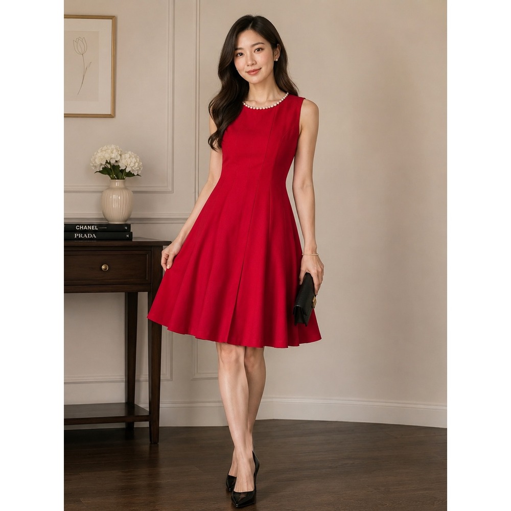 Chadwicks of Boston Red Pearl Neck Fit Flare Dress Womens 8 Sleeveless Pleated